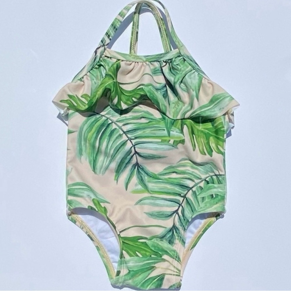 Starting Out Palm Print One Piece Swimsuit 3-6M Ruffle Green Cream NWOT